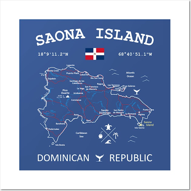 Saona Island Dominican Republic Flag Travel Map Coordinates GPS Wall Art by French Salsa